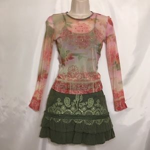 Miss Me 3 Piece Set -Olive Green Corduroy Skirt, Shell & Long Sleeve Over Blouse